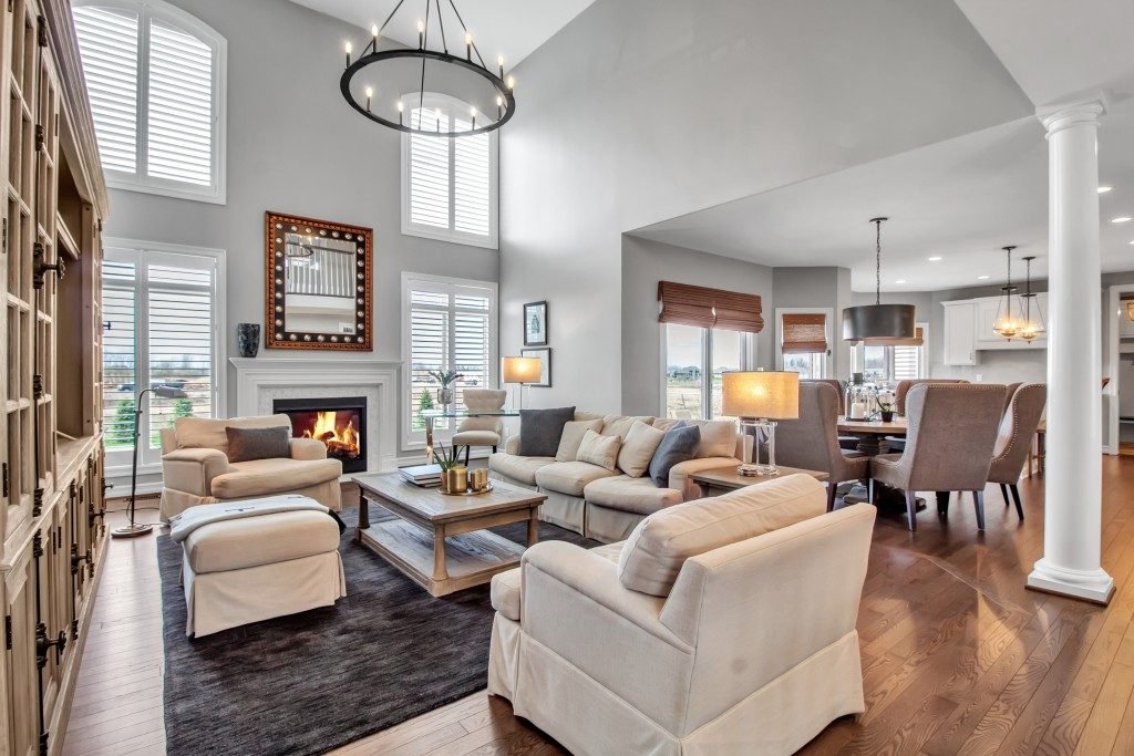 HDR real estate photo of a living room with chandelier