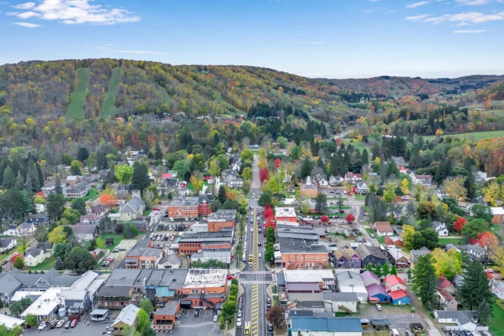 Drone aerial photo of a town in autumn