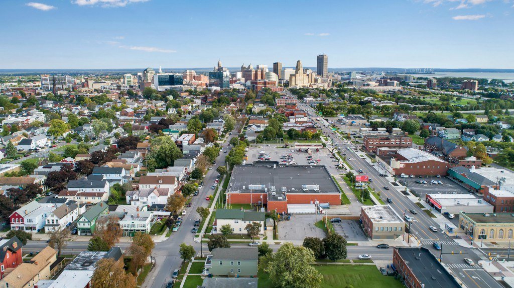 Drone aerial photo of a city neighborhood