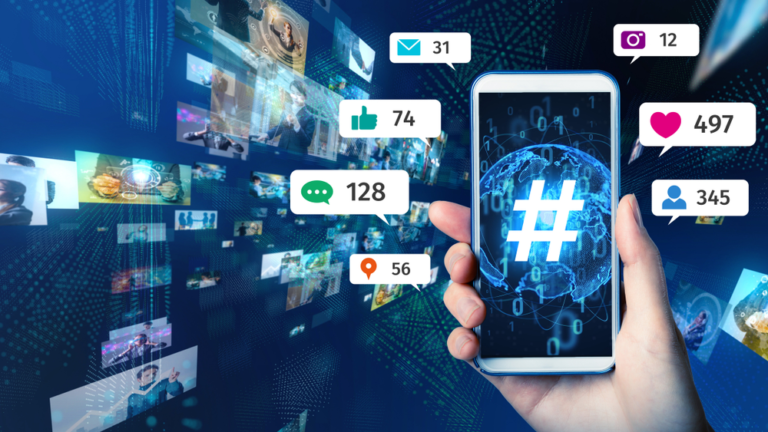 Hashtags and social media engagement on a smartphone