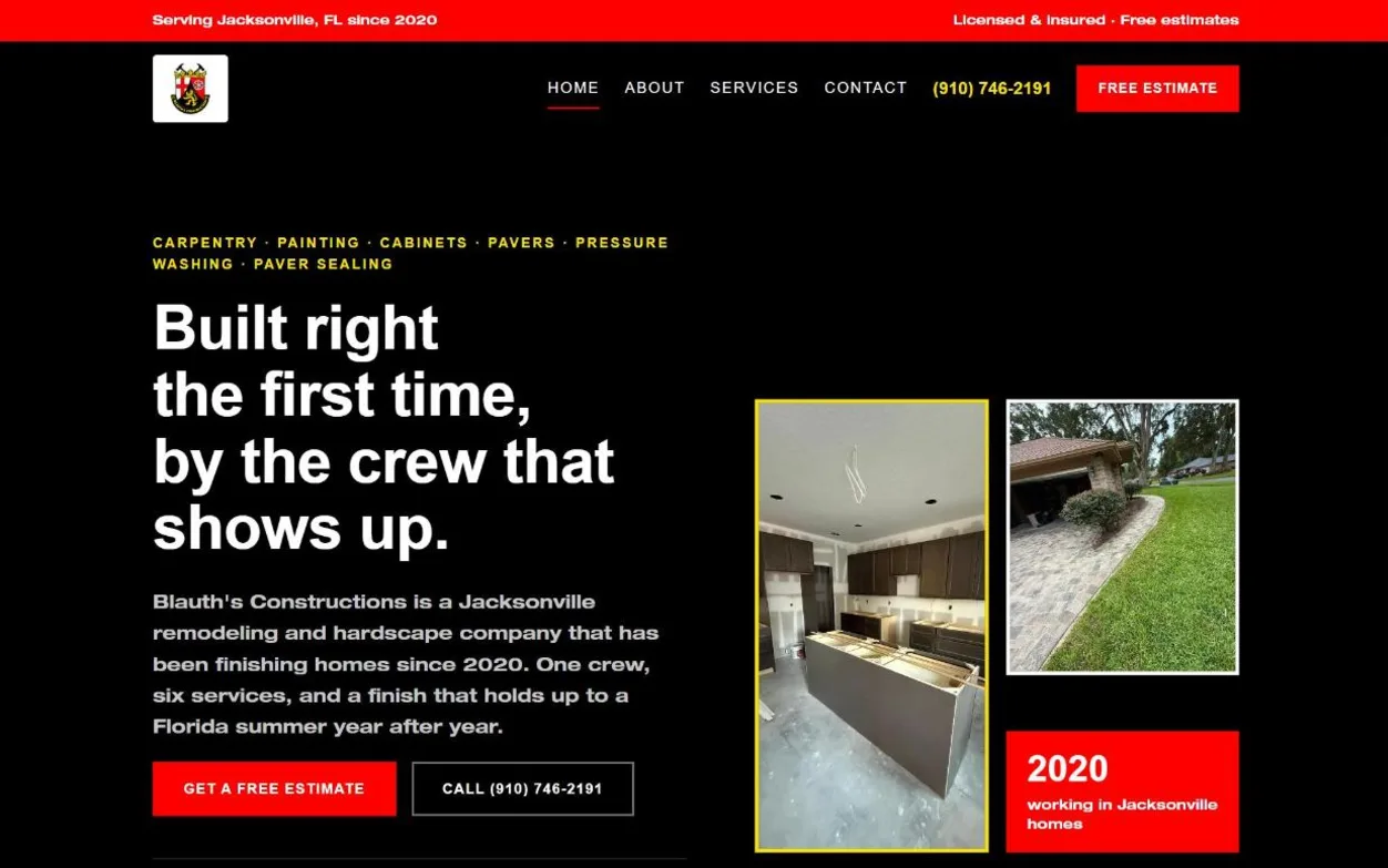 Homepage of Blauth's Constructions, a website by Leal Media