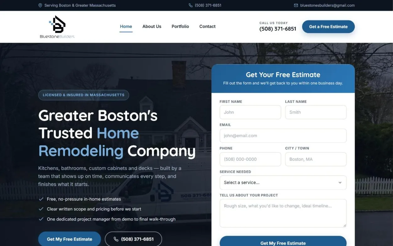 Homepage of Bluestone Builders, a website by Leal Media