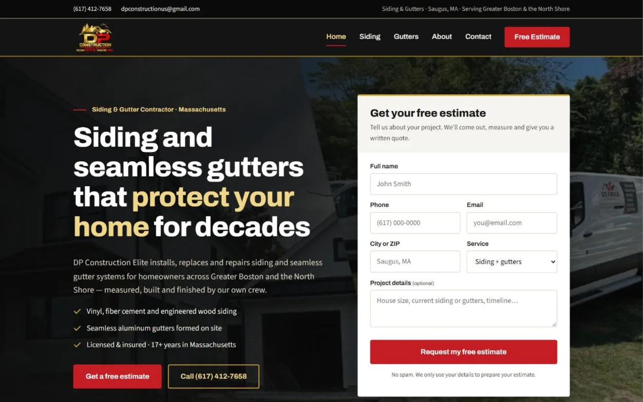 Homepage of DP Construction Elite, a website by Leal Media